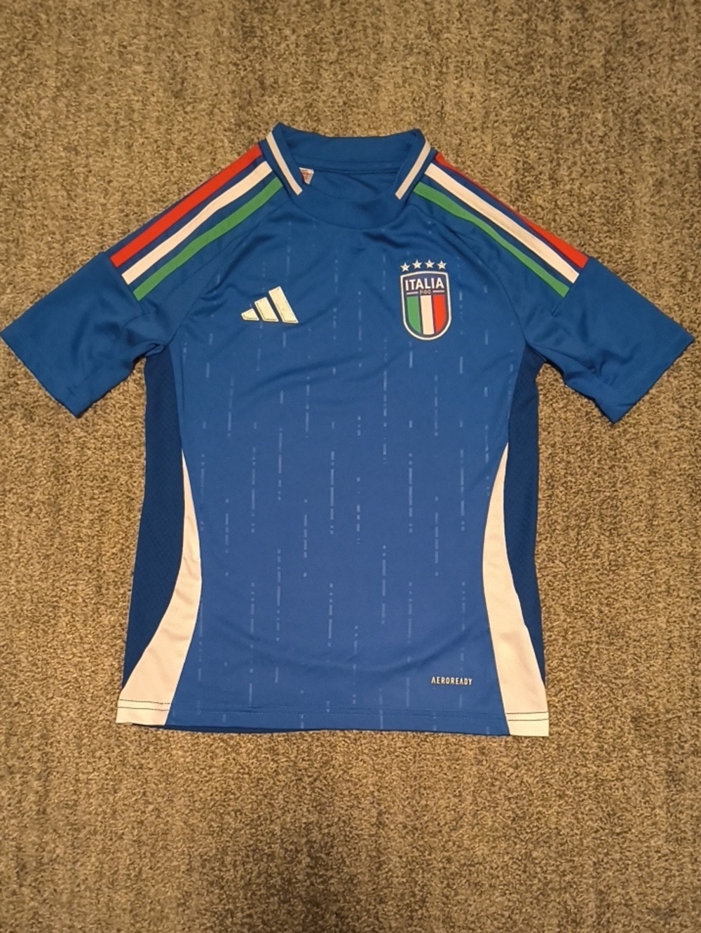 adidas Blue Italia Kids Soccer Jersey with Tricolor Shoulder Stripes